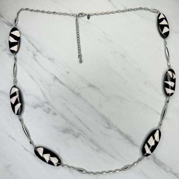 Chico's Jewelry - Chicos Black White Geometric Beaded Long Silver Chain Necklace 46" ✨